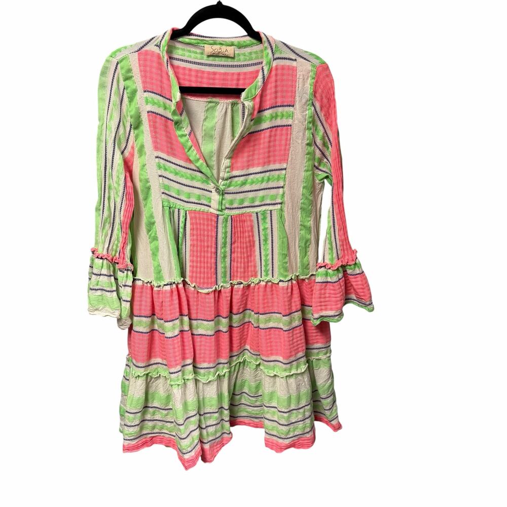 Sofia Made in Italy Pure Cotton Mini Dress Neon Pink Green Size Small / Medium